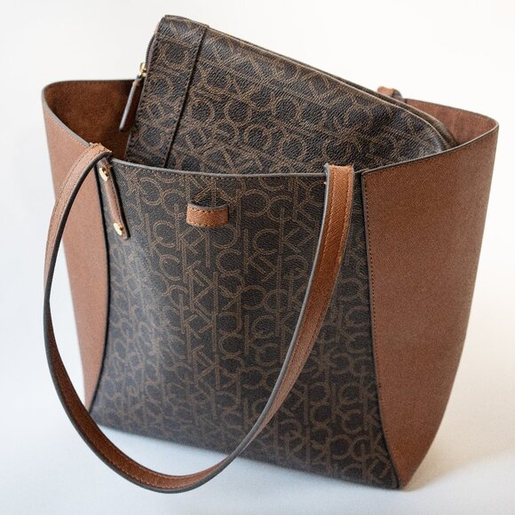 Calvin Klein CK Monogram Reversible Micro Suede Tote w/ Removable Pouch - Picture 1 of 12